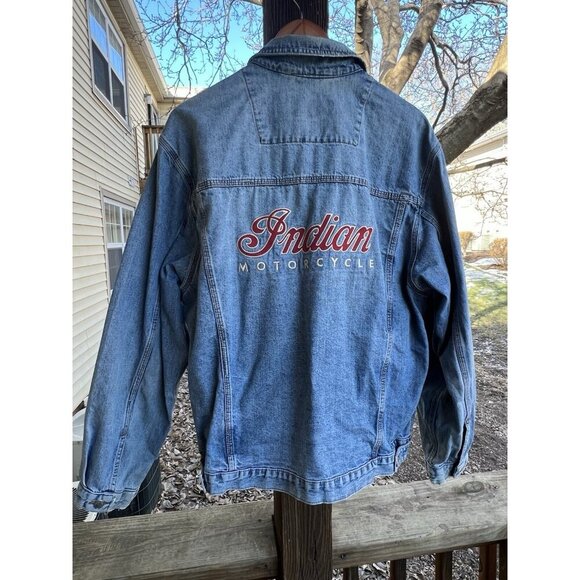 Vintage Indian Motorcycle oversized biker denim jacket embroidered sz L patches - Picture 4 of 16